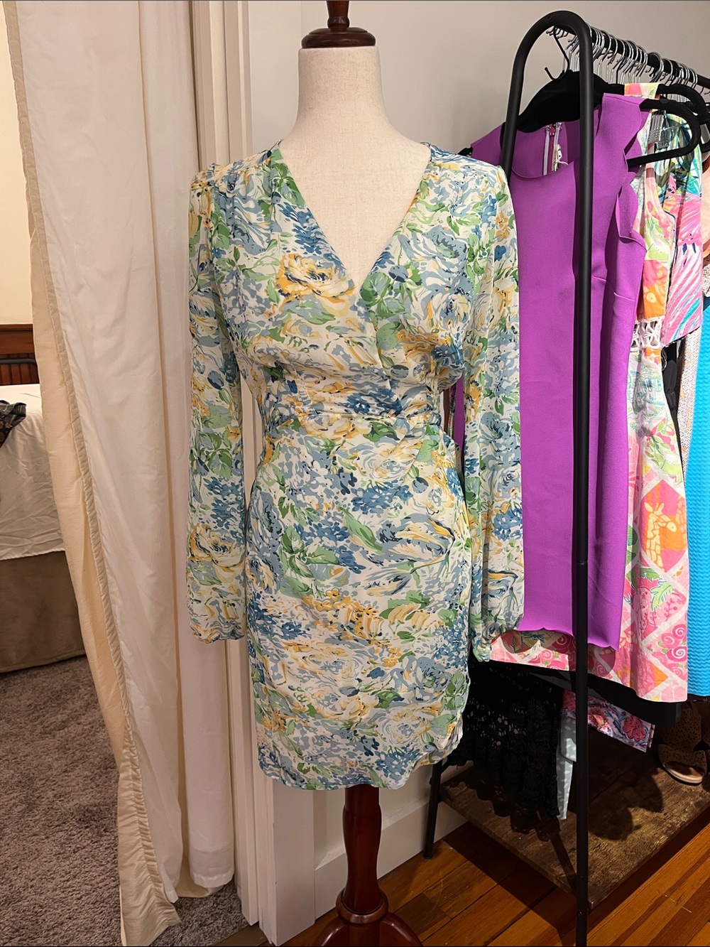 Lulu's Floral Wrap-Style Long Sleeve Dress in Blue, Yellow & Green